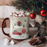 Taza Granja de árbol de navidad de época festiva person<br><div class="desc">Celebra la mágica y festiva temporada de fiestas con nuestro tazón personalizado de vacaciones. Nuestro diseño de vacaciones vintage presenta un paisaje de granja de árboles de Navidad, este patrón de Navidades incorpora una escena de Navidades de granjas con una casa de campo, granero rojo, carteles, niños jugando y arrojando...</div>