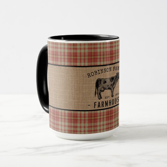 Taza Granja de familia Rushos Vaca Roja Placa Burlap Gr (Anverso izquierdo)
