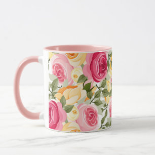 Taza Granja de Rosas Rosadas y Amarillas Floral Shabby 