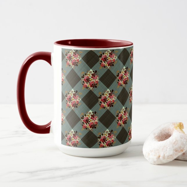 Taza Gray Gingham y Burgundy Floral Country (Con donut)