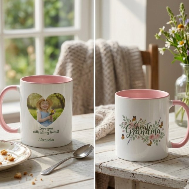 Taza Great Grandma Watercolor Floral (Personalized Heart Photo Great Grandma mug)