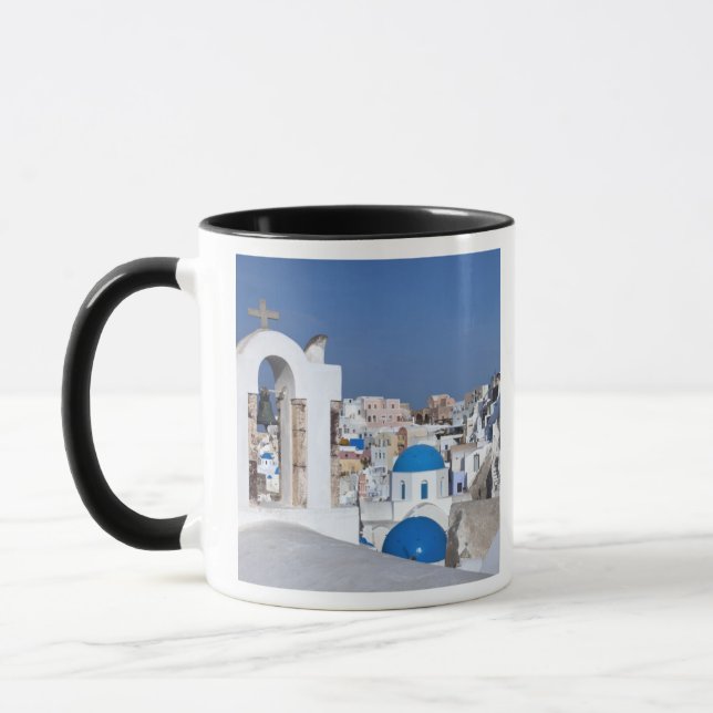 Taza Grecia, Santorini. Torre Bell y cúpulas azules de  (Izquierda)