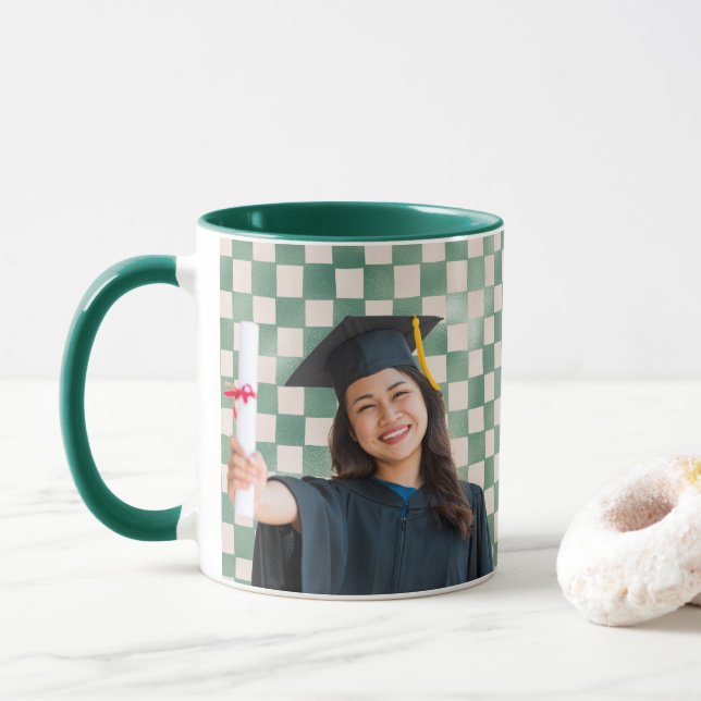 Taza Green Checkered Personalized Portrait Graduation (Con donut)