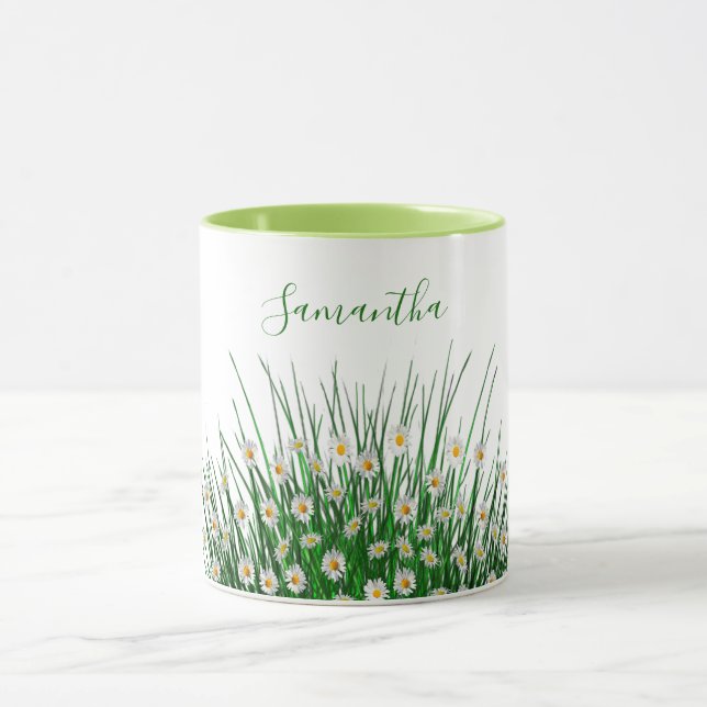Taza Green florals flowers meadow white name (Centro)
