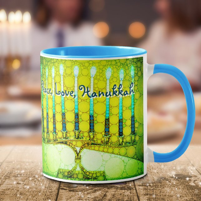 Taza Green Menorah Peace Love Hanukkah Guión moderno (Subido por el creador)