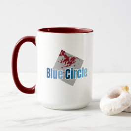 Taza Grey Square with Red Stain and Blue Circle Text