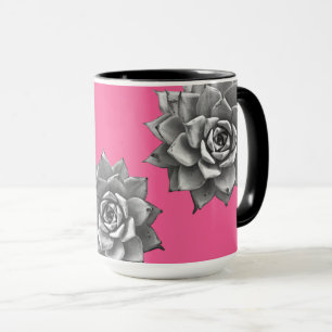 Taza Gris de color de agua suculenta sobre rosa calient