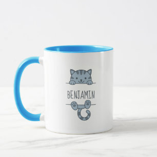 Taza Gris Tabby Cat Buscando detrás del nombre personal