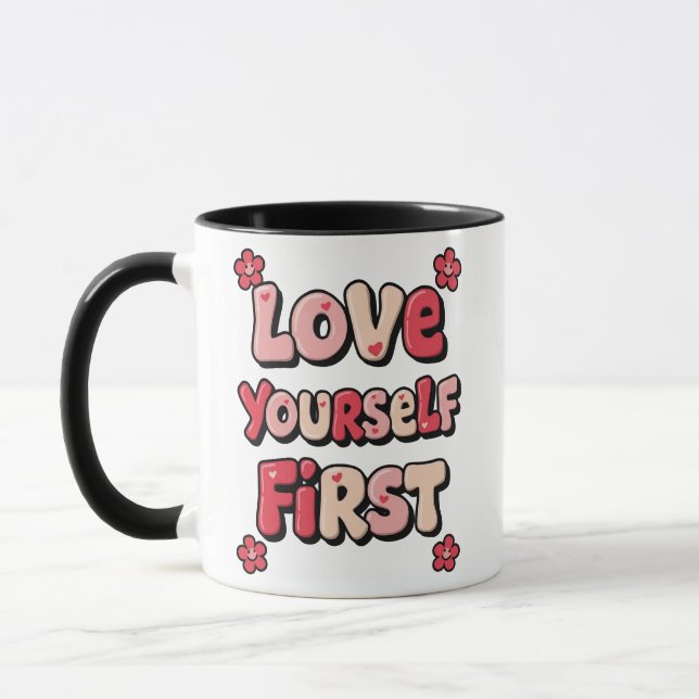 Taza Groovy Pink "Love Yourself First" Quote (Izquierda)