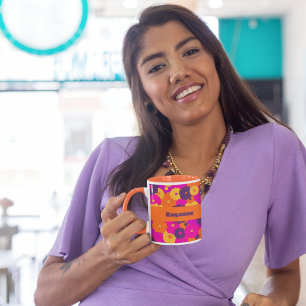 Taza Groovy poder de flores hippie morado y rosa