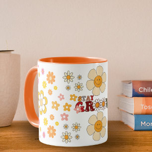 Taza Groovy Retro Daisy Flores Patrón Boho Floral