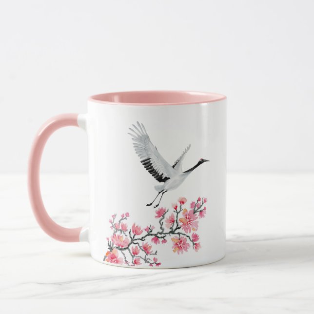 Taza Grúa y flores de cerezo japonesas personalizadas (Izquierda)