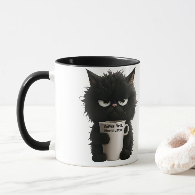 Taza Grumpy Cat Coffee Mood T-Shirt Funny Black Fluffy  (Con donut)