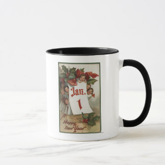 Taza Grupo de niños escondiéndose detrás del calendario