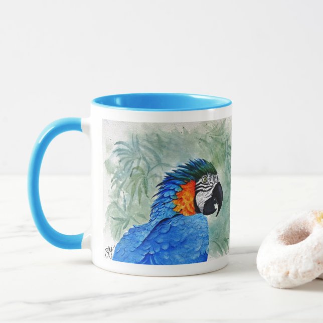 Taza Guacamayo azul y dorado (Con donut)