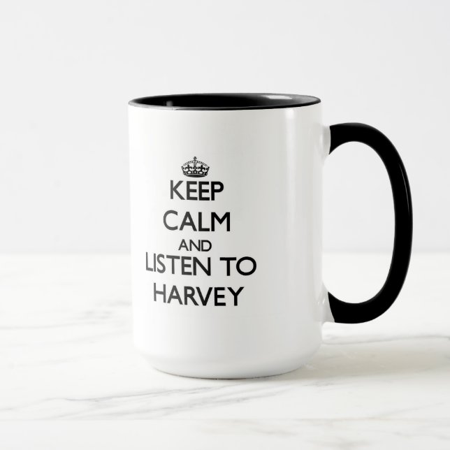 Taza Guarde la calma y escuche Harvey (Derecha)