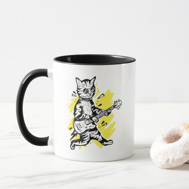 Taza Guay Cat Jugando guitarra eléctrica (Con donut)