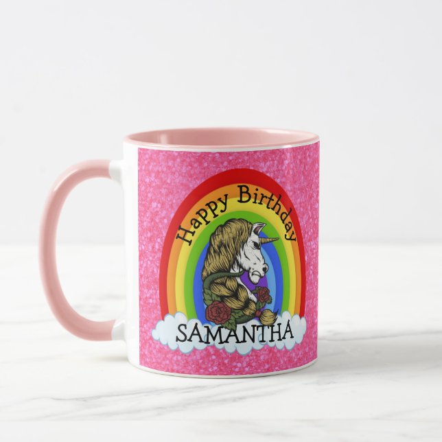 Taza Guerrero unicornio feliz cumpleaños Purpurina rosa (Izquierda)