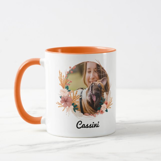 Taza Guión Boho Floral Wreath Nombre Perro Foto Mug (Izquierda)
