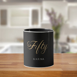 Taza Guión de nombre de oro negro 50 cumpleaños