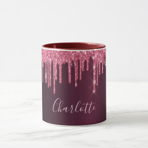 Taza Guión de nombre de purpurina burgundy rosa