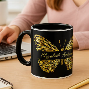 Taza Guión de nombre elegante de oro negro de mariposa
