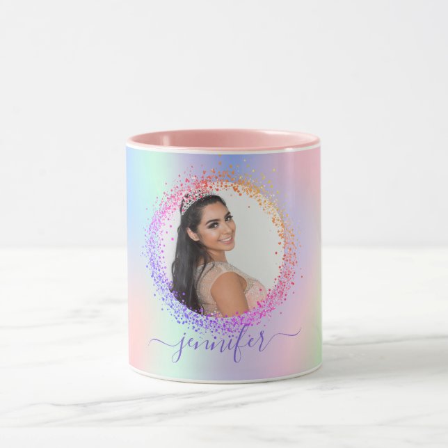Taza Guión de nombre morado rosado de foto holográfica (Centro)