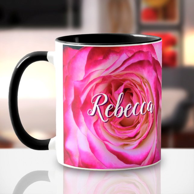 Taza Guión de nombre personalizado de foto rosa blanca  (Subido por el creador)