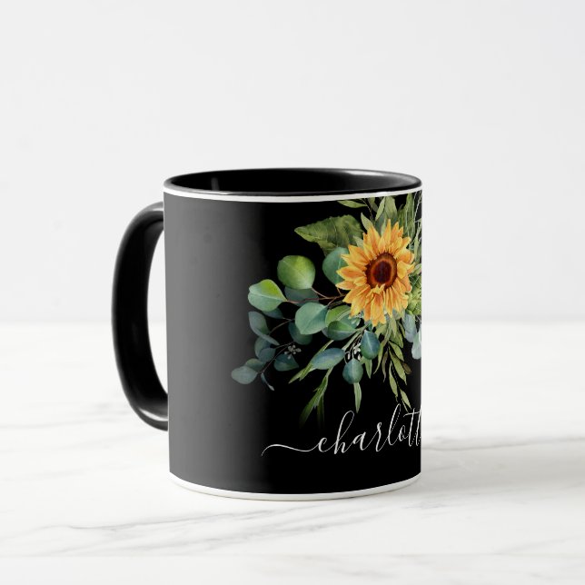 Taza Guión de nombre verde de eucalipto de girasol negr (Anverso izquierdo)