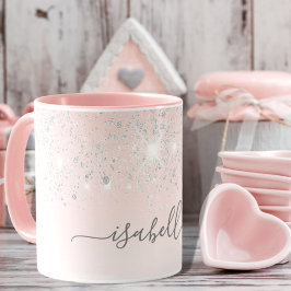 Taza Guión de nombres de chispas de plata rosa de Rubor