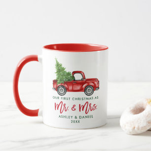 Taza Guión de pincel Primera Navidad Sr. Sra. Truck Red