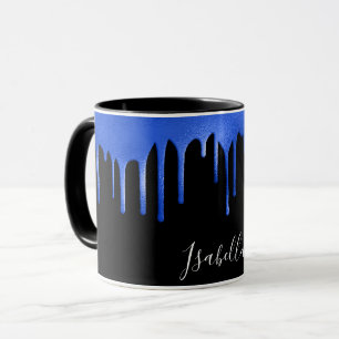 Taza Guión del nombre del purpurina azul real negro