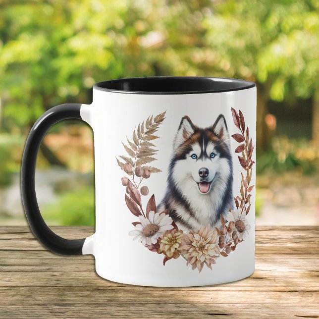 Taza Guirnalda de otoño del perro Husky siberiano (Subido por el creador)