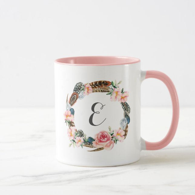 Taza Guirnalda floral de la acuarela con el monograma (Derecha)