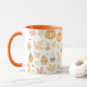 Taza Hablemos con calabazas, hojas y torta
