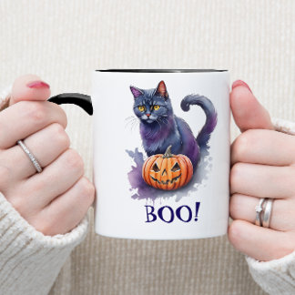 Taza Halloween acuarela gato negro con calabaza