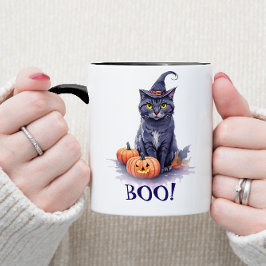Taza Halloween acuarela gato negro con calabaza