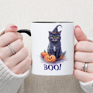 Taza Halloween acuarela gato negro con calabaza