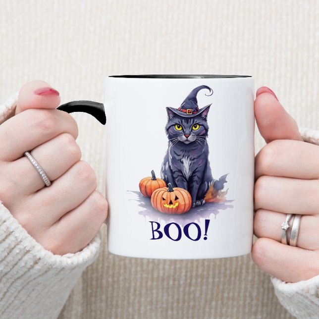 Taza Halloween acuarela gato negro con calabaza (Subido por el creador)