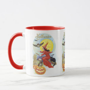Taza Halloween Antiguo, Bruja Voladora con un Gato Negr