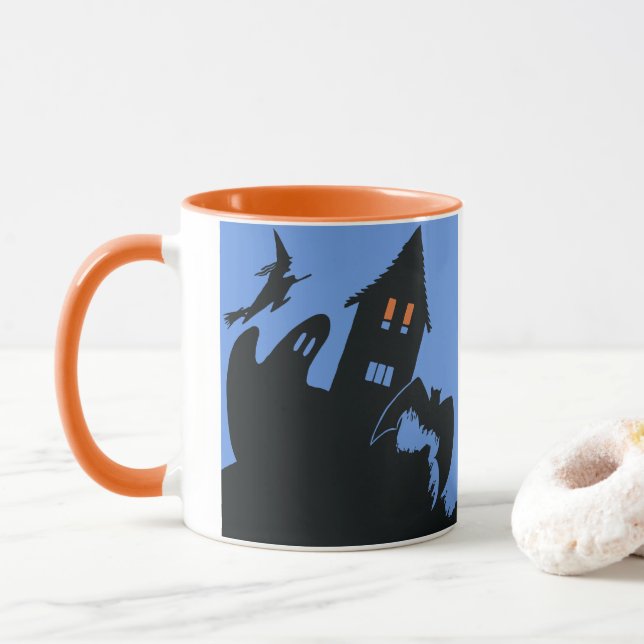 Taza Halloween antiguo, casa embrujada aterradora y bru (Con donut)