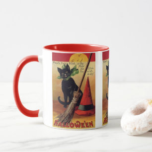 Taza Halloween antiguo de Ellen Clapsaddle, gato negro