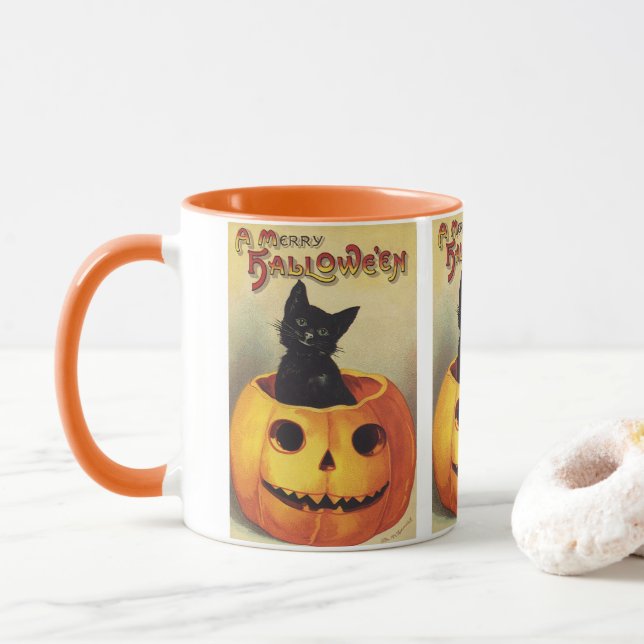 Taza Halloween con moras de Ellen Clapsaddle, gato vint (Con donut)