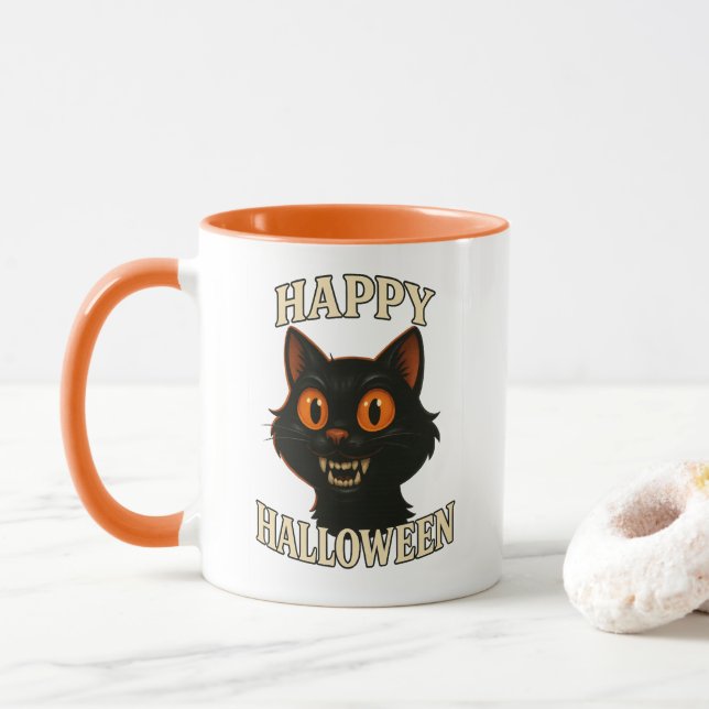 Taza Halloween de Gato Negro espeluznante (Con donut)