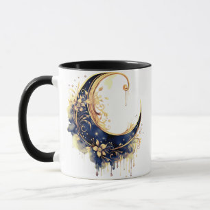 Taza Halloween de la luna de luna bohemia azul y oro de