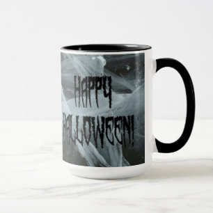 Taza Halloween de la pierna de araña y peluca de fondo 