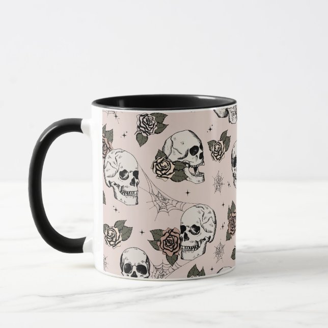 Taza Halloween de los Rosas y cráneos góticos rosados d (Izquierda)