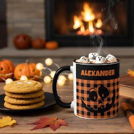 Taza Halloween Jack-O-Lantern Orange & Black Plaid Name