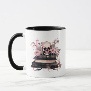 Taza Halloween: Libros de cráneo Rosas rosados y grises