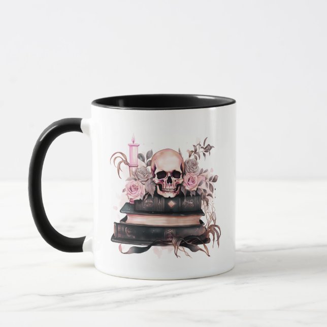 Taza Halloween: Libros de cráneo Rosas rosados y grises (Izquierda)